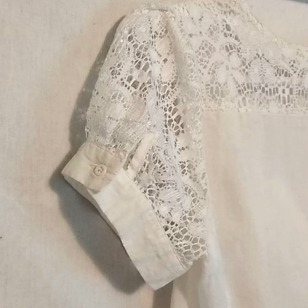 JPR White Front Tie Cotton Bow Top Puffy Lace Sleeves Lacey Back Yoke White S - Picture 4 of 7
